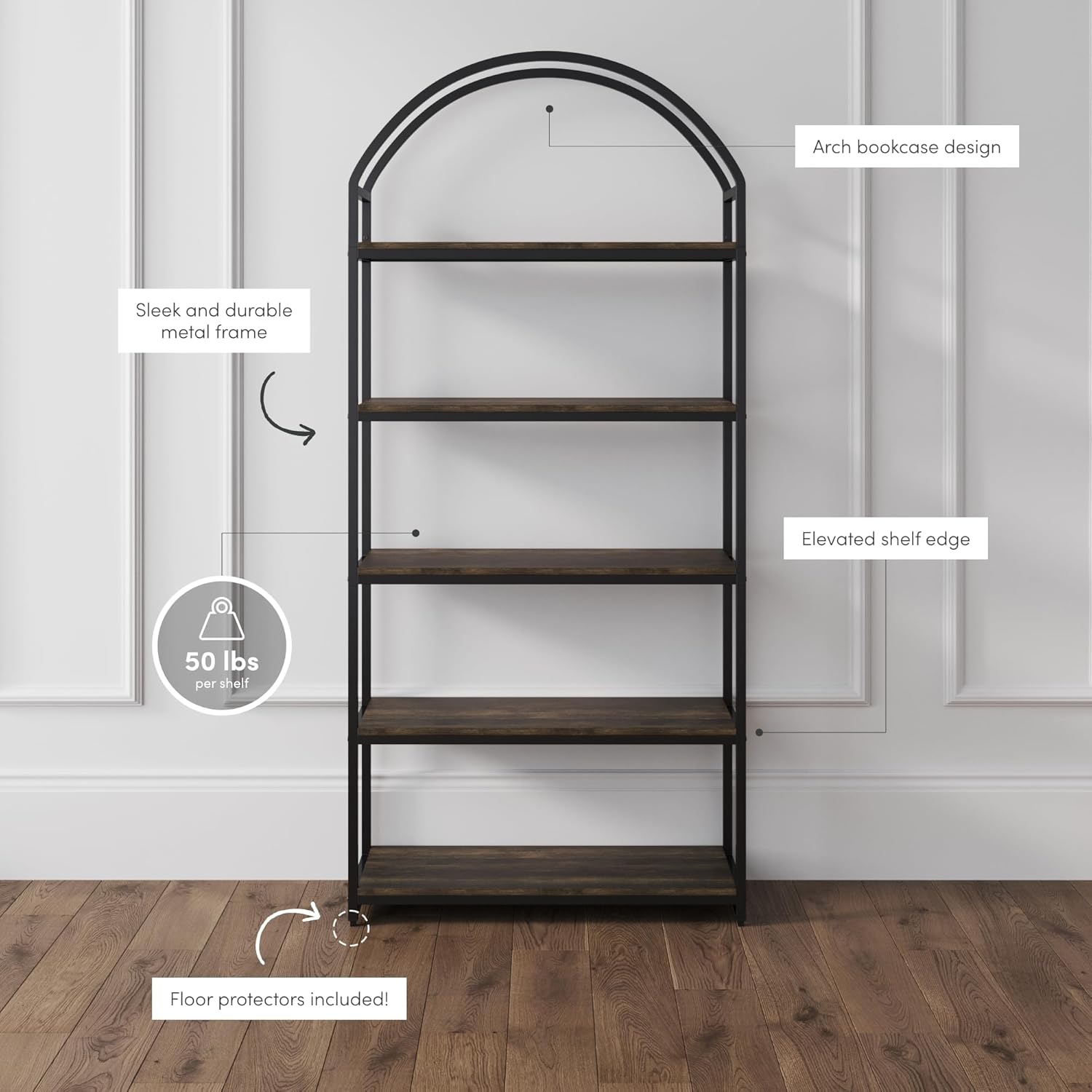 Nathan James Haven Etagere Bookshelf, 5-Shelf Bookcase in Nutmeg Wood and Black Metal Frame with Arch Top and Open Shelves, Nutmeg/Black