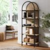 Nathan James Amara Bohemian 5-Shelf Etagere Bookcase, Rattan Open Bookshelf with Arch Top, Light Oak/Matte Black