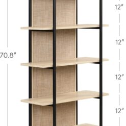 Nathan James Amara Bohemian 5-Shelf Etagere Bookcase, Rattan Open Bookshelf with Arch Top, Light Oak/Matte Black