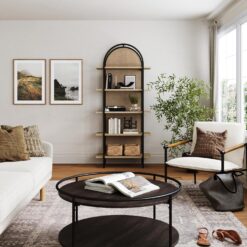 Nathan James Amara Bohemian 5-Shelf Etagere Bookcase, Rattan Open Bookshelf with Arch Top, Light Oak/Matte Black