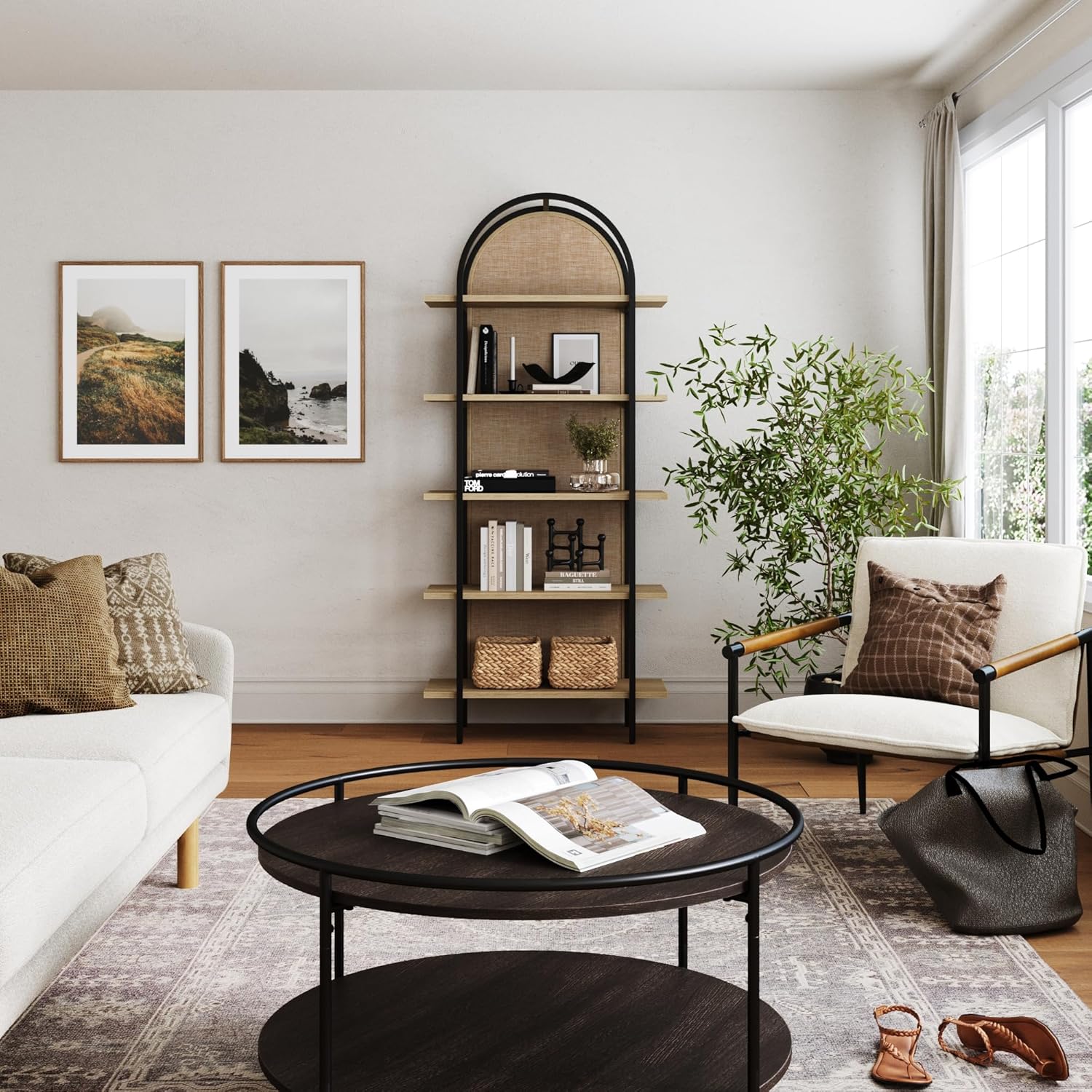 Nathan James Amara Bohemian 5-Shelf Etagere Bookcase, Rattan Open Bookshelf with Arch Top, Light Oak/Matte Black
