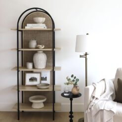 Nathan James Amara Bohemian 5-Shelf Etagere Bookcase, Rattan Open Bookshelf with Arch Top, Light Oak/Matte Black