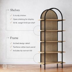 Nathan James Amara Bohemian 5-Shelf Etagere Bookcase, Rattan Open Bookshelf with Arch Top, Light Oak/Matte Black