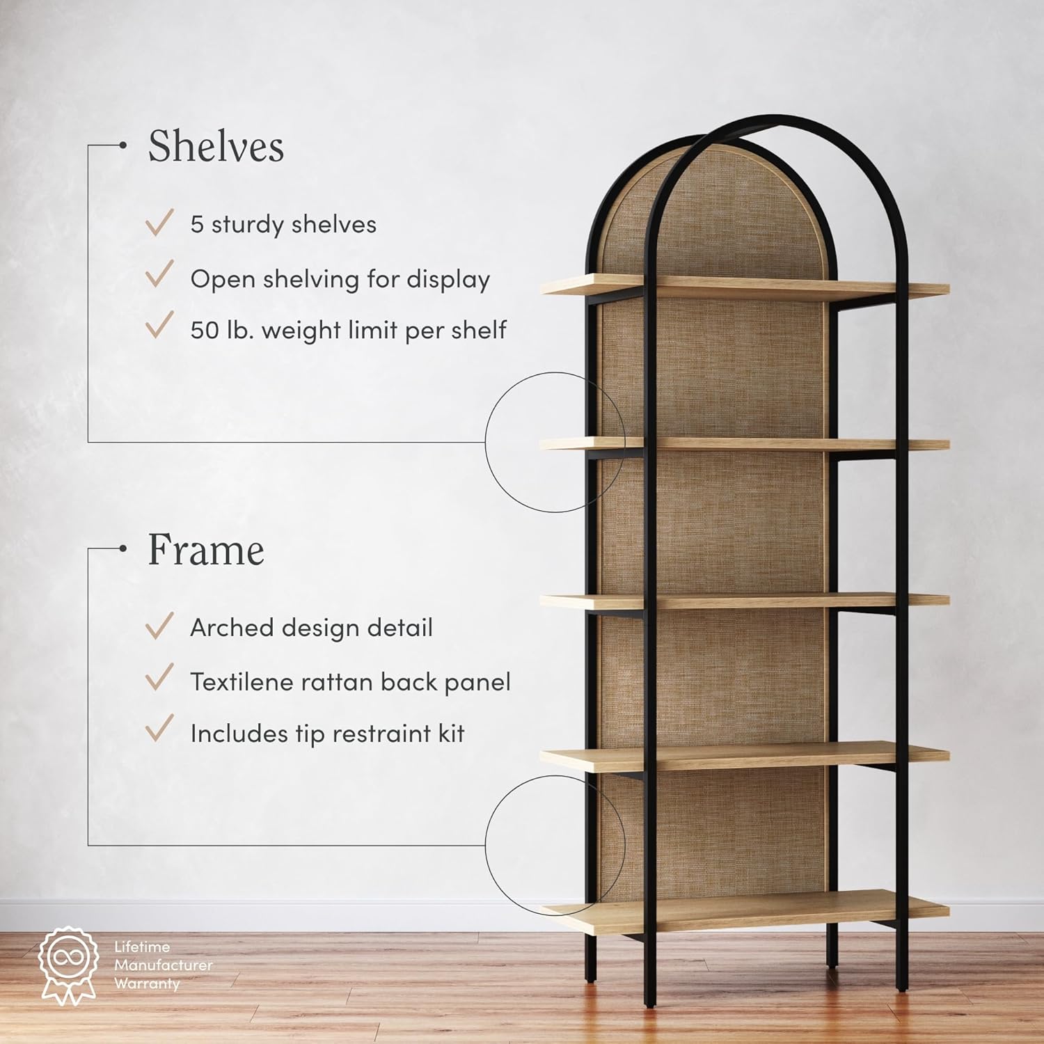Nathan James Amara Bohemian 5-Shelf Etagere Bookcase, Rattan Open Bookshelf with Arch Top, Light Oak/Matte Black
