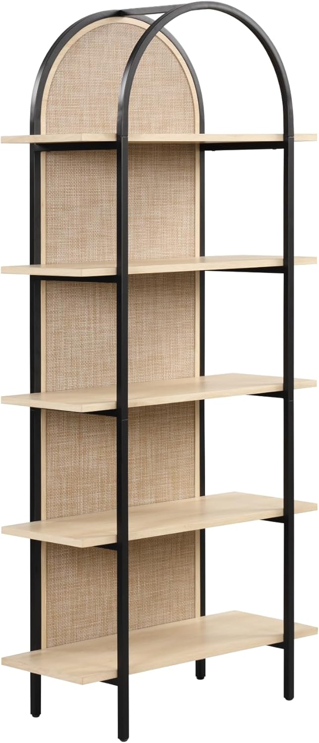 Nathan James Amara Bohemian 5-Shelf Etagere Bookcase, Rattan Open Bookshelf with Arch Top, Light Oak/Matte Black