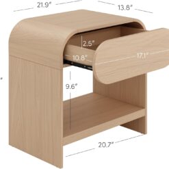 Nathan Jamea Iris Mid-Century Modern Nightstand with Drawer, End Table with Storage for Bedroom or Living Room with Rounded Silhouette, Light Oak