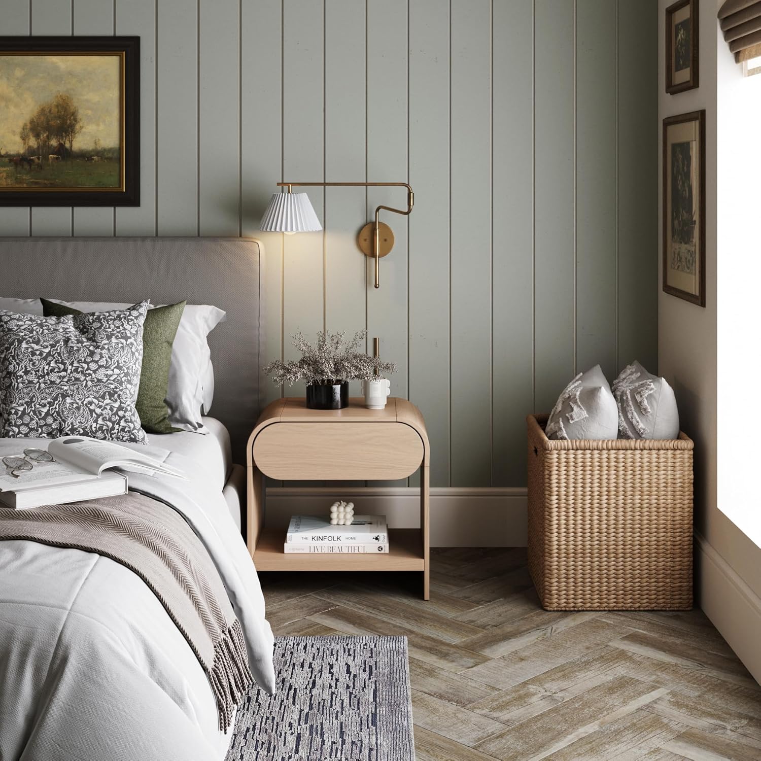 Nathan Jamea Iris Mid-Century Modern Nightstand with Drawer, End Table with Storage for Bedroom or Living Room with Rounded Silhouette, Light Oak