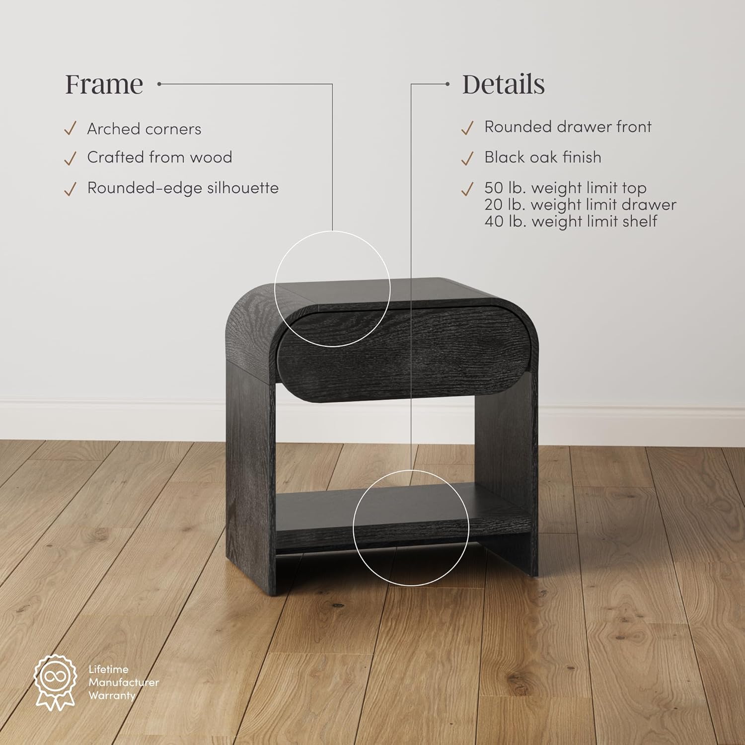 Nathan James Iris Mid-Century Modern Nightstand with Drawer, End Table with Storage for Bedroom or Living Room with Rounded Silhouette, Black Oak