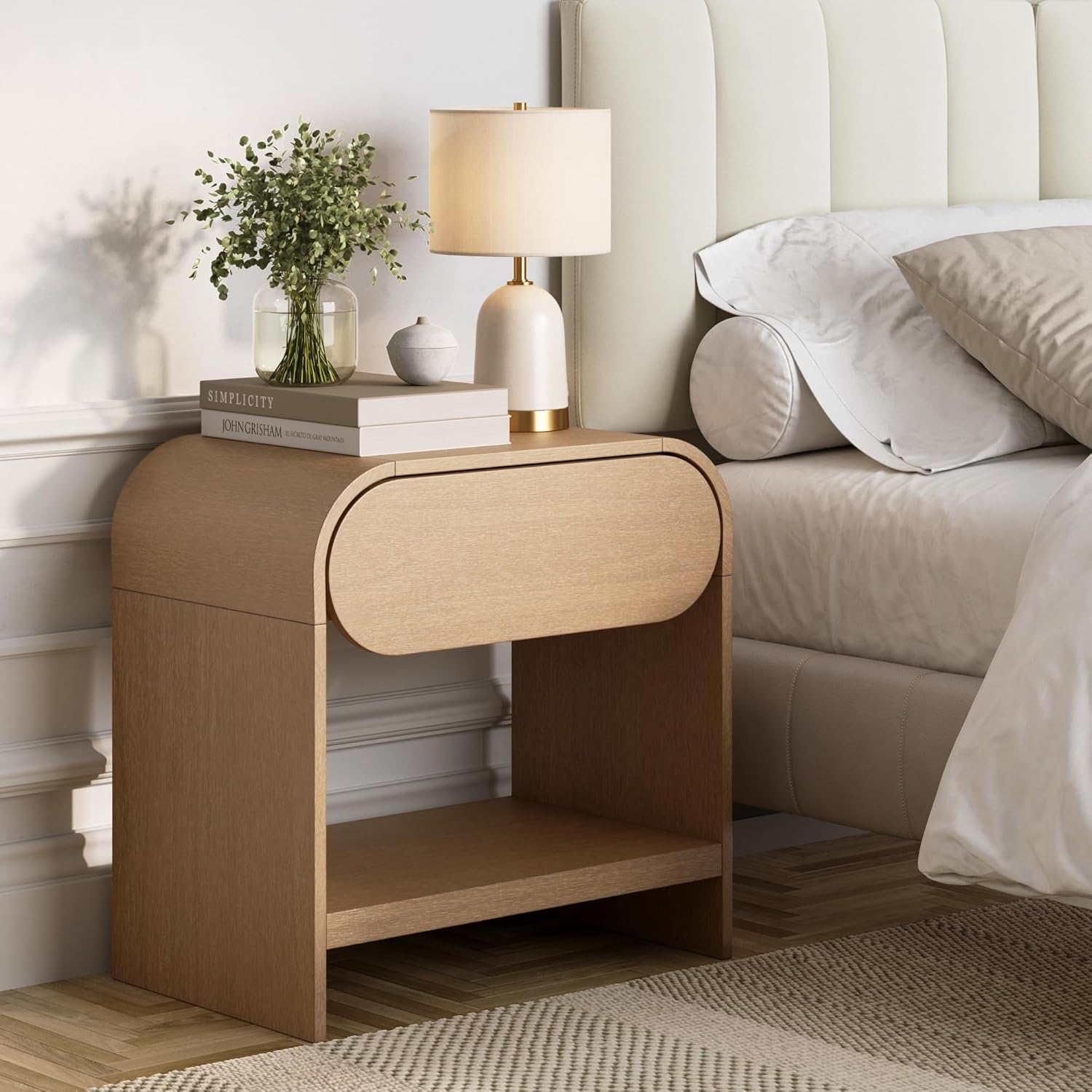 Nathan James Iris Mid-Century Modern Nightstand with Drawer, Wooden Bedside Table for Bedroom or Living Room with Rounded Silhouette