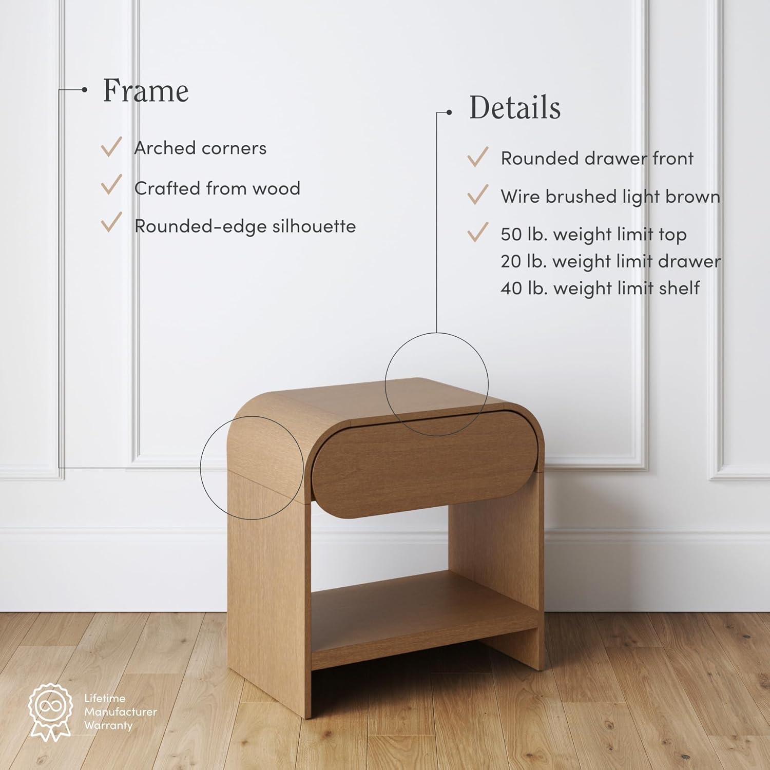 Nathan James Iris Mid-Century Modern Nightstand with Drawer, Wooden Bedside Table for Bedroom or Living Room with Rounded Silhouette