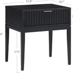 Nathan James Jasper Boho Side Table, Solid Wood Bedroom Nightstand or Bedside Table with Drawer with Fluted Doors and Brass Handles, Black