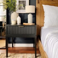 Nathan James Jasper Boho Side Table, Solid Wood Bedroom Nightstand or Bedside Table with Drawer with Fluted Doors and Brass Handles, Black