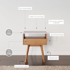 Nathan James Mid-Century Rectangle Accent Side or End Table Walnut Finish Wood and Faux Marble Top with Storage Nightstand, Frame, White/Brown