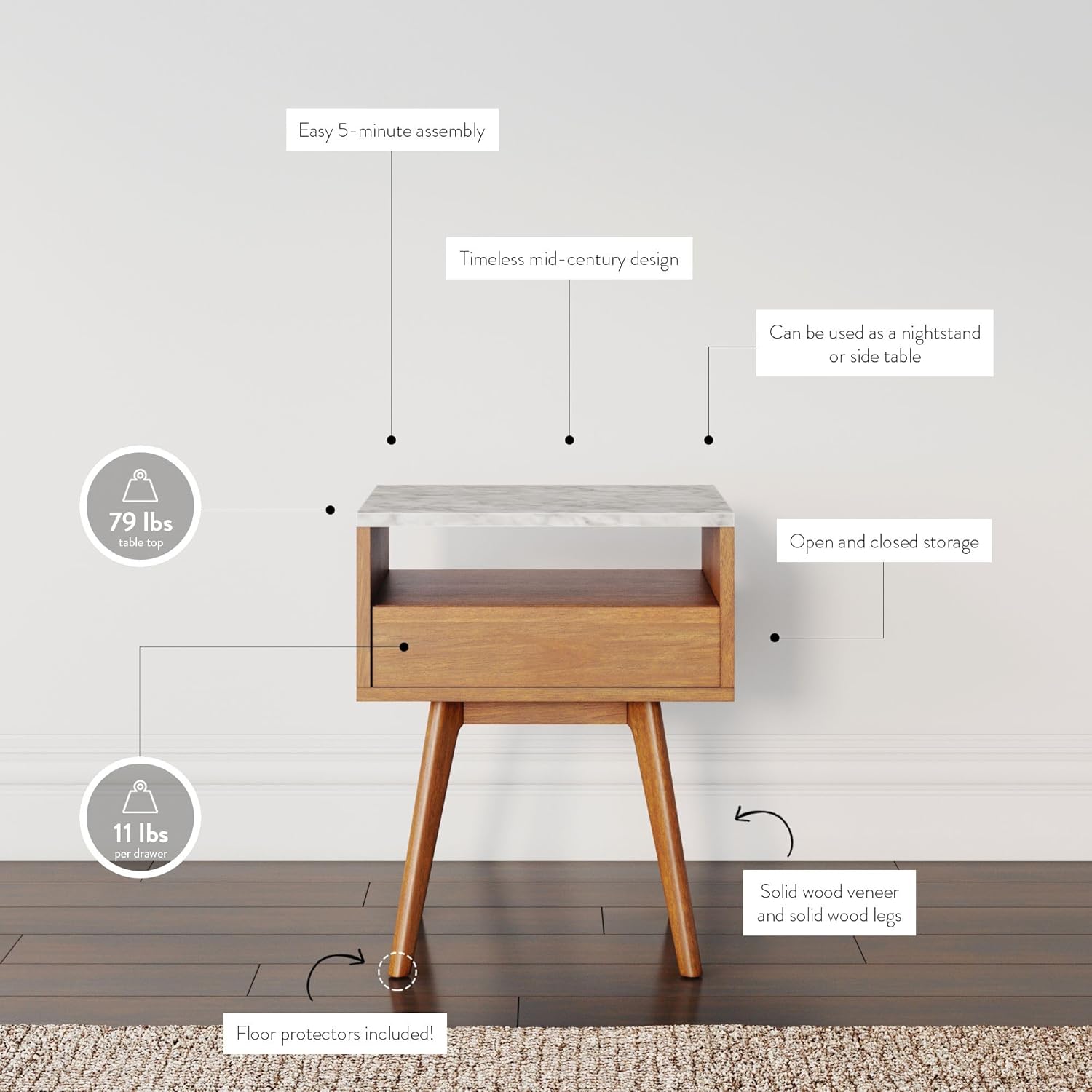 Nathan James Mid-Century Rectangle Accent Side or End Table Walnut Finish Wood and Faux Marble Top with Storage Nightstand, Frame, White/Brown