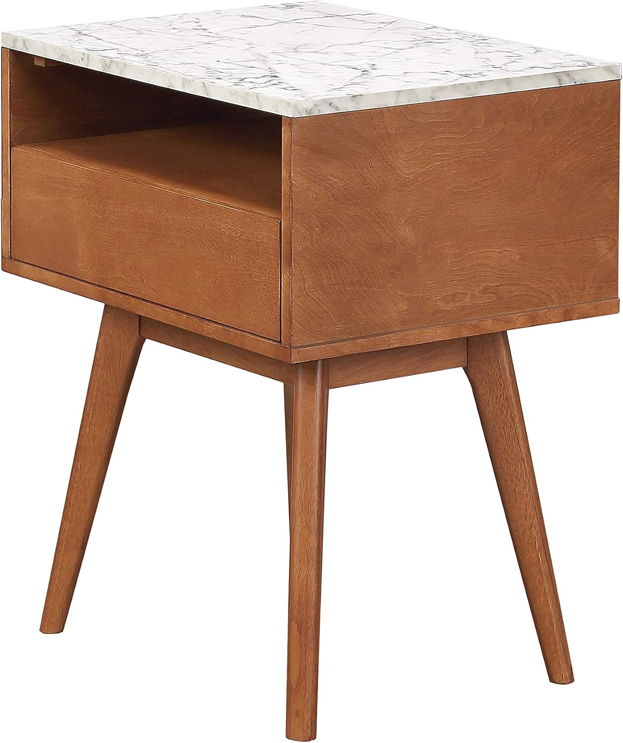 Nathan James Mid-Century Rectangle Accent Side or End Table Walnut Finish Wood and Faux Marble Top with Storage Nightstand, Frame, White/Brown