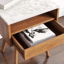 Nathan James Mid-Century Rectangle Accent Side or End Table Walnut Finish Wood and Faux Marble Top with Storage Nightstand, Frame, White/Brown
