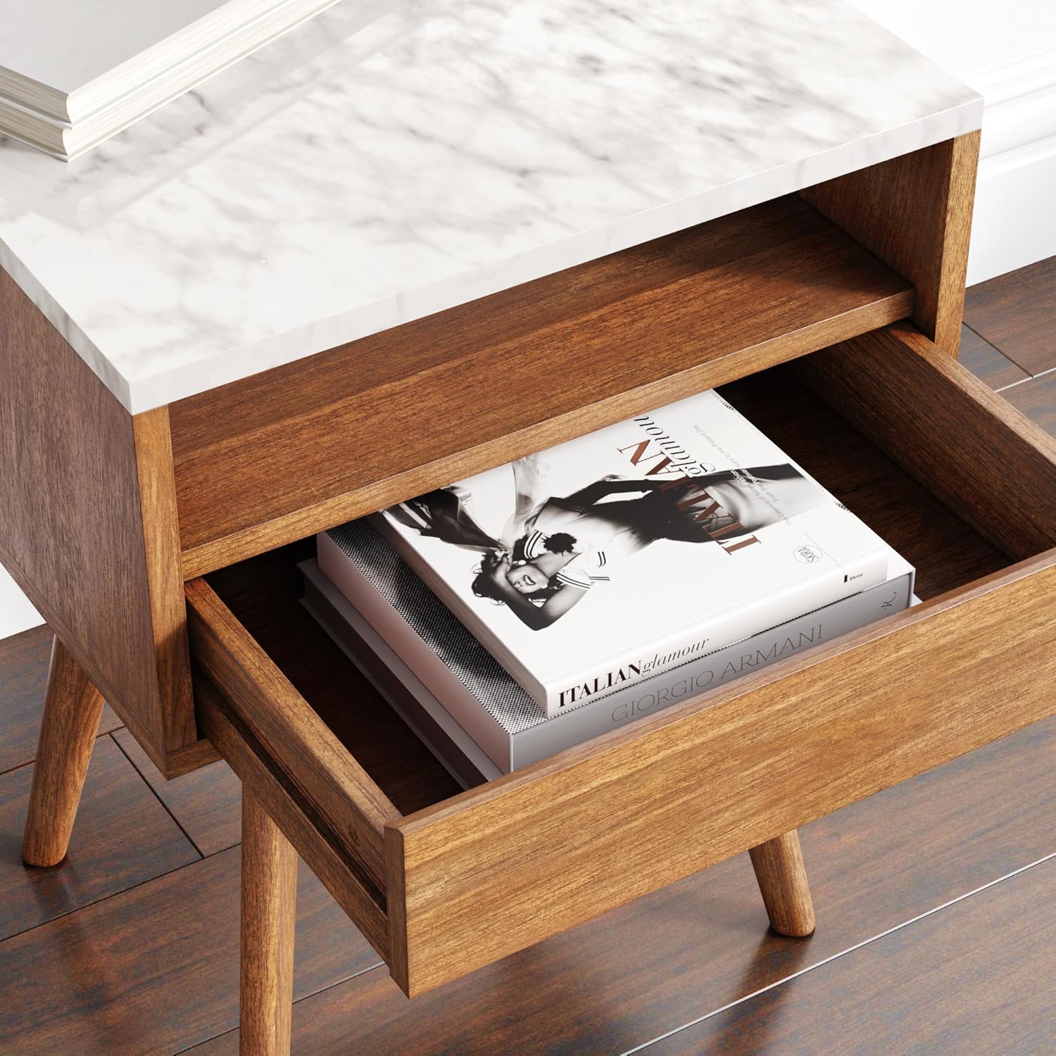 Nathan James Mid-Century Rectangle Accent Side or End Table Walnut Finish Wood and Faux Marble Top with Storage Nightstand, Frame, White/Brown