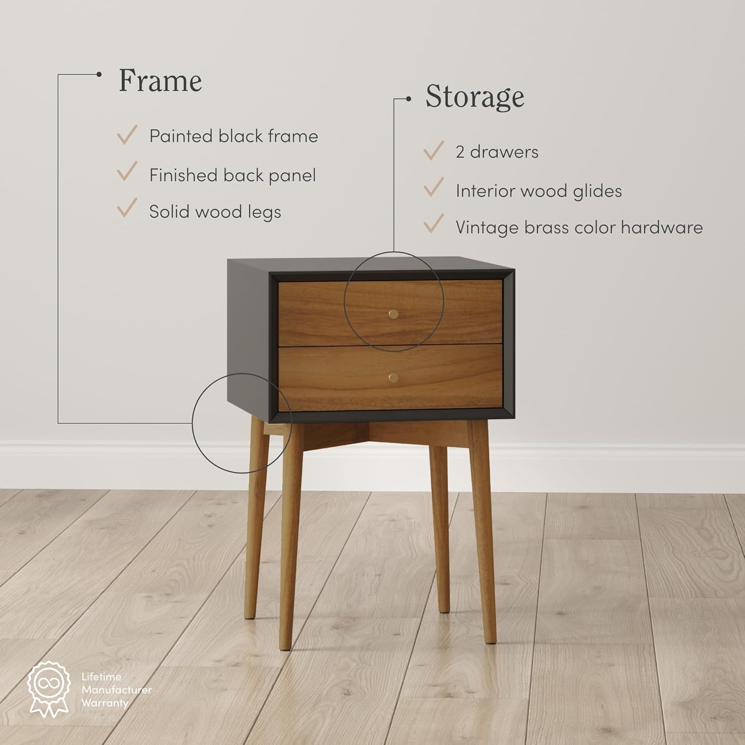 Nathan James Harper Modern Nightstand Side Accent or End Table with Storage Drawer, 1, Black/Brown