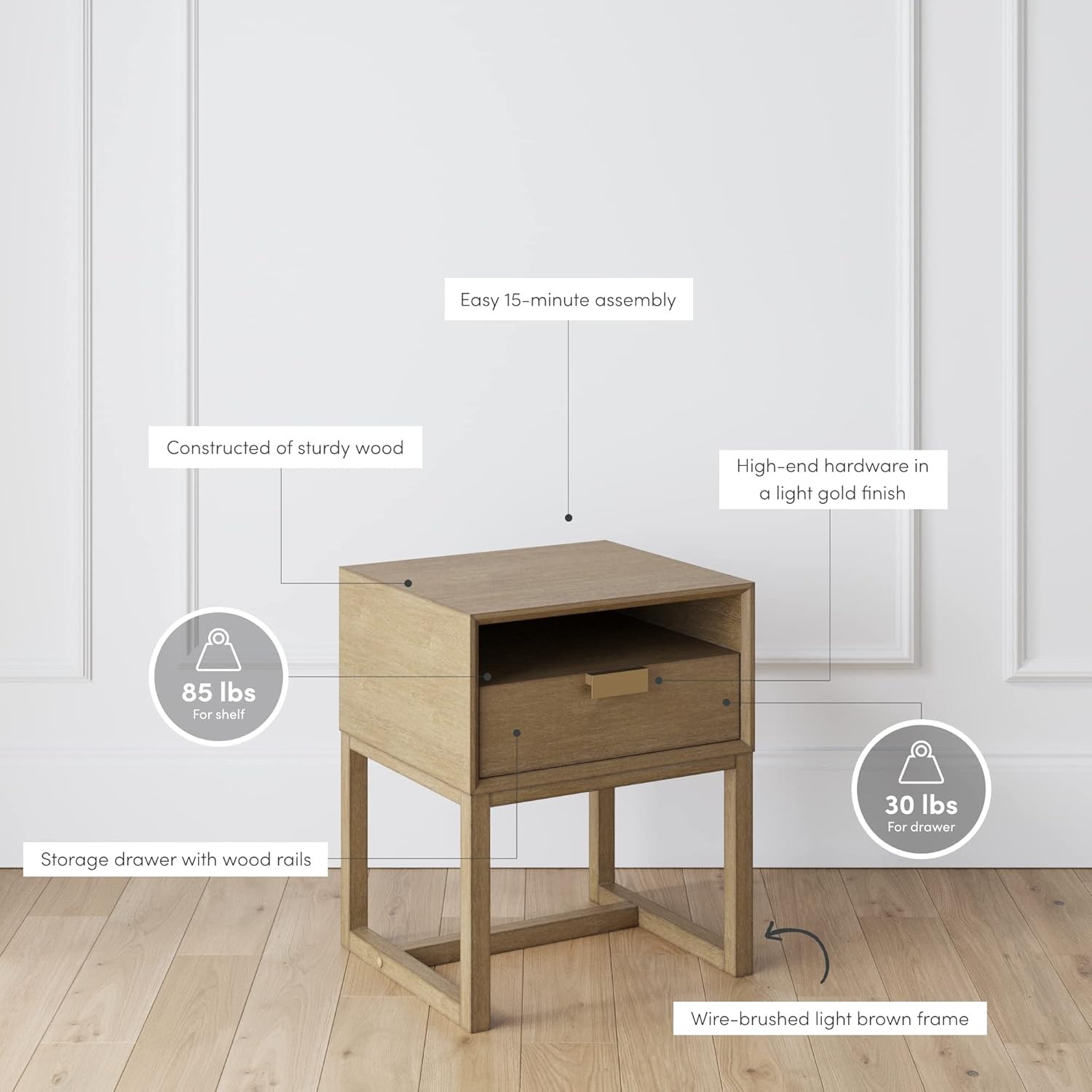 Nathan James Luke Modern Nightstand Side Accent or End Table with Storage Drawer, 1, Light Brown