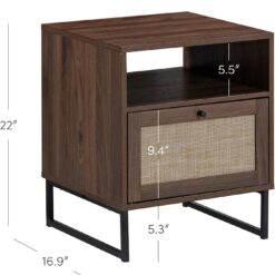 Nathan James Mina Boho Nightstand, Small Nightstand, Rattan End Table with Storage, Walnut Side Table with Rattan Accent