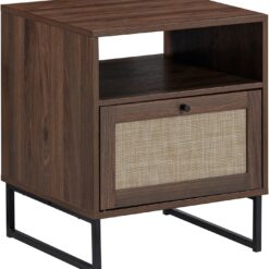 Nathan James Mina Boho Nightstand, Small Nightstand, Rattan End Table with Storage, Walnut Side Table with Rattan Accent