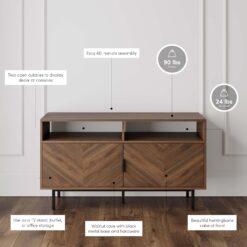 Nathan James Izsak Wood Media Console, TV Stand, Entertainment Cabinet with Herringbone Doors and Cubby Storage in a Rustic Dark Finish for Living, Dining Room or Entryway, Walnut Brown/Black