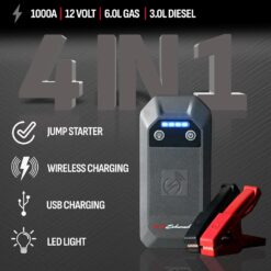 Schumacher Electric 12V Lithium Jump Starter & Power Pack - Portable 1000A Battery Jumper with 10W Wireless Charging, USBA/USBC Fast Charging & Multi-Mode LED Flashlight - 4-in-1 SL1672