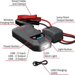 Schumacher Electric 12V Lithium Jump Starter & Power Pack - Portable 1000A Battery Jumper with 10W Wireless Charging, USBA/USBC Fast Charging & Multi-Mode LED Flashlight - 4-in-1 SL1672