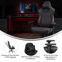Emma + Oliver Teknik Black Ergonomic High Back Adjustable Gaming Chair with 4D Armrests; Head Pillow and Adjustable Lumbar Support with Red Stitching