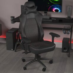 Emma + Oliver Teknik Black Ergonomic High Back Adjustable Gaming Chair with 4D Armrests; Head Pillow and Adjustable Lumbar Support with Red Stitching