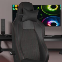 Emma + Oliver Teknik Black Ergonomic High Back Adjustable Gaming Chair with 4D Armrests; Head Pillow and Adjustable Lumbar Support with Red Stitching