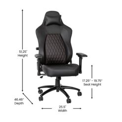 Emma + Oliver Teknik Black Ergonomic High Back Adjustable Gaming Chair with 4D Armrests; Head Pillow and Adjustable Lumbar Support with Red Stitching