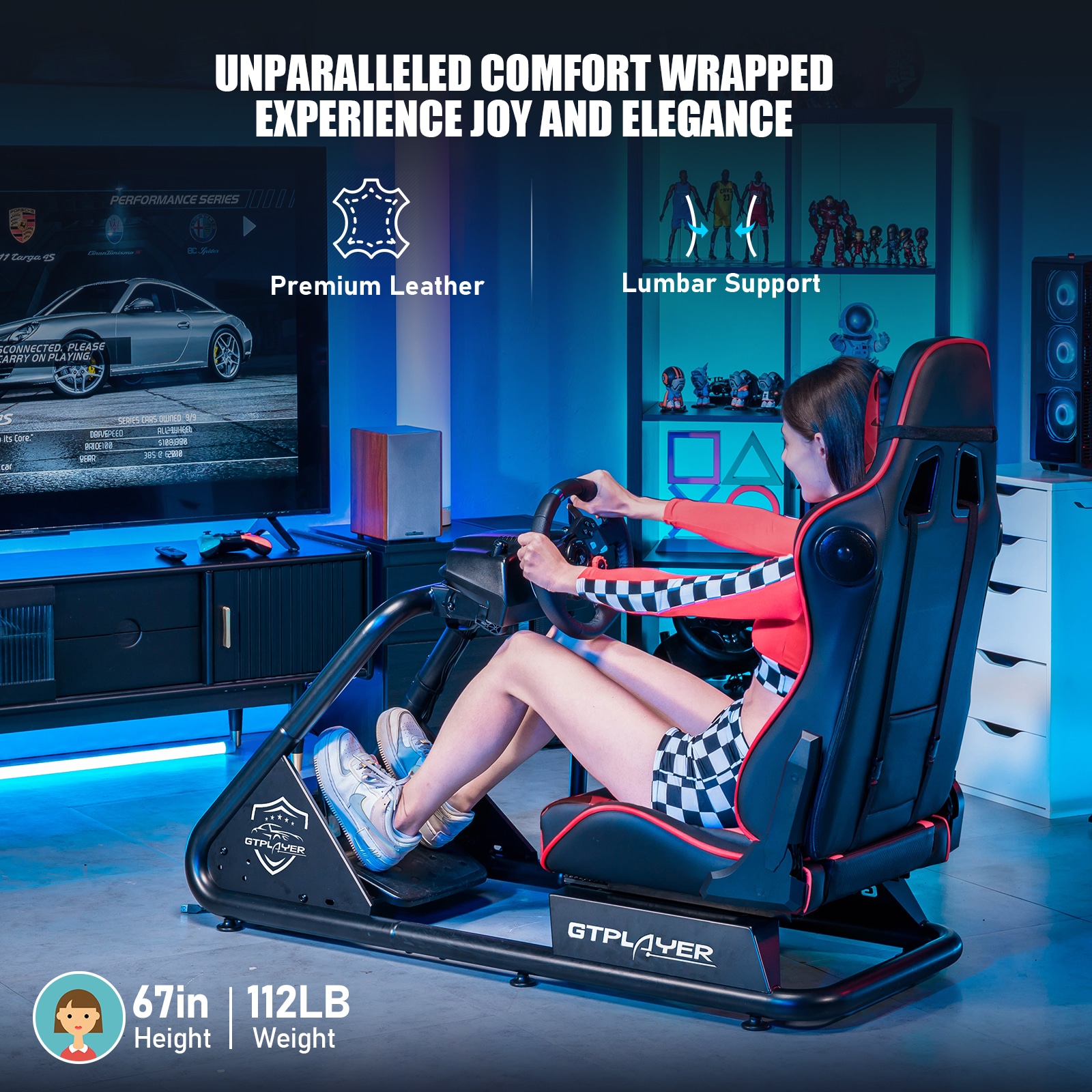 GTPLAYER Red Video Racing Simulator Cockpit with Seat and Bluetooth Speakers Sim Racing Cockpit AB Box