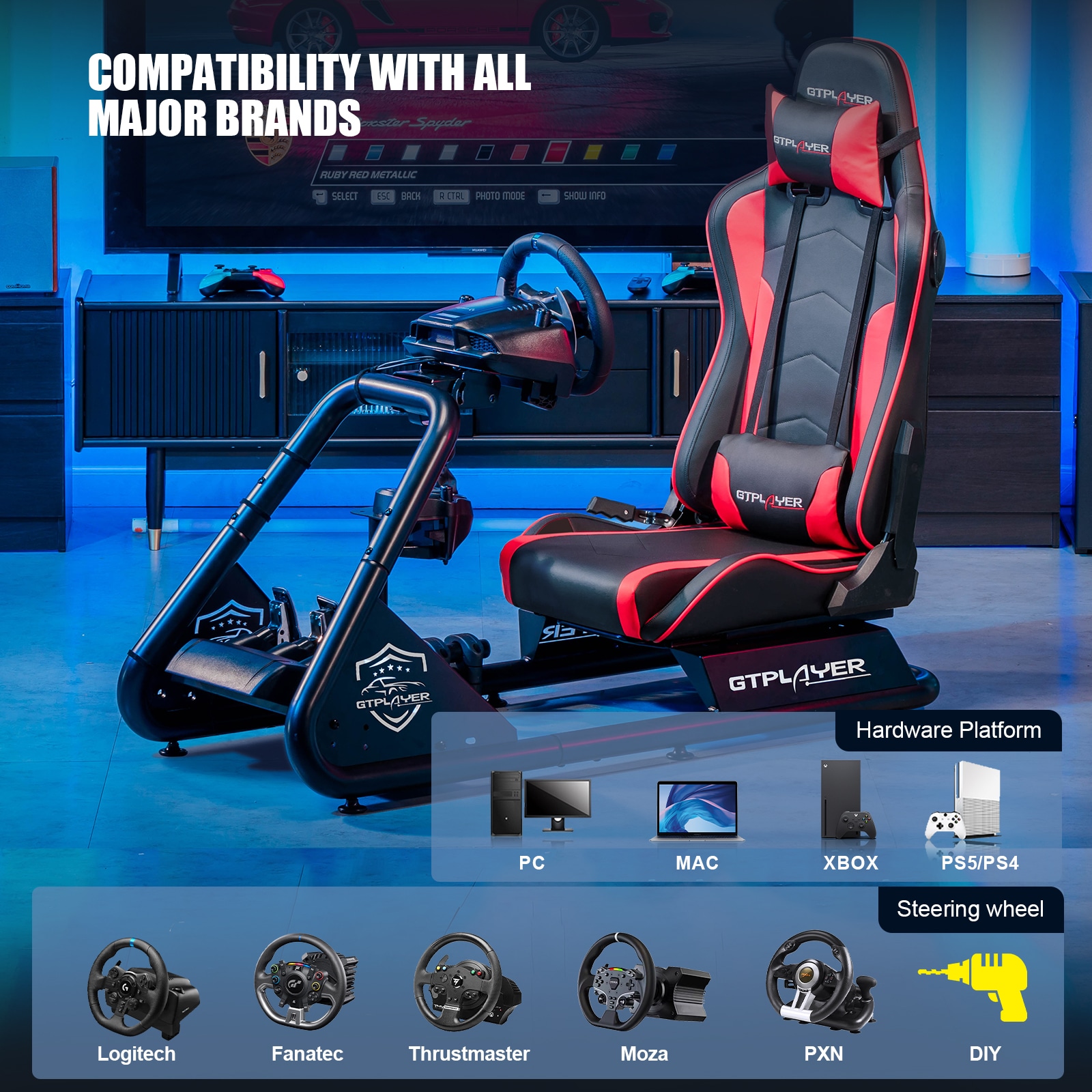 GTPLAYER Red Video Racing Simulator Cockpit with Seat and Bluetooth Speakers Sim Racing Cockpit AB Box