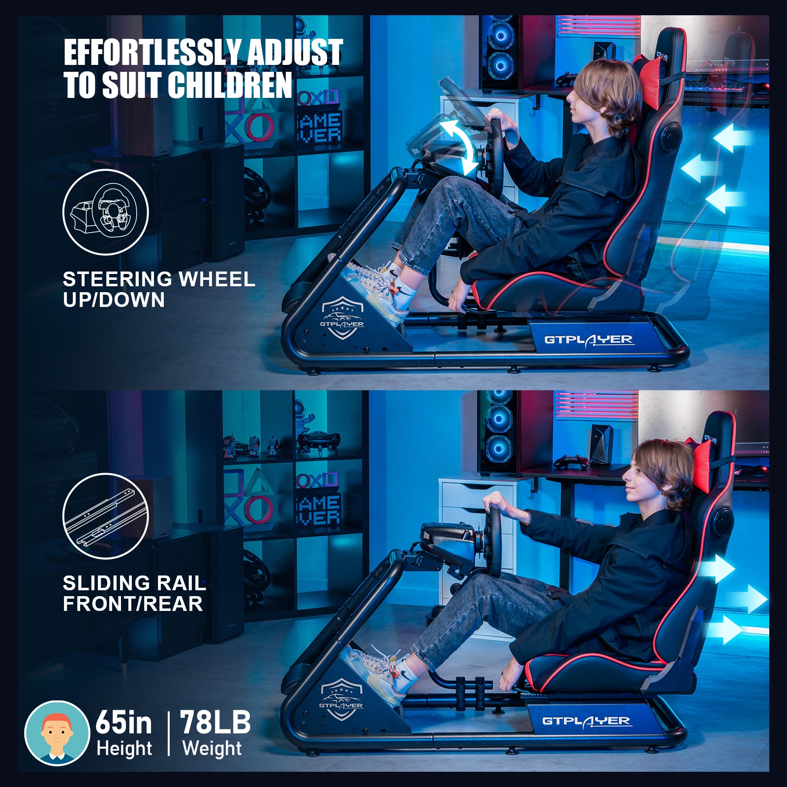 GTPLAYER Red Video Racing Simulator Cockpit with Seat and Bluetooth Speakers Sim Racing Cockpit AB Box