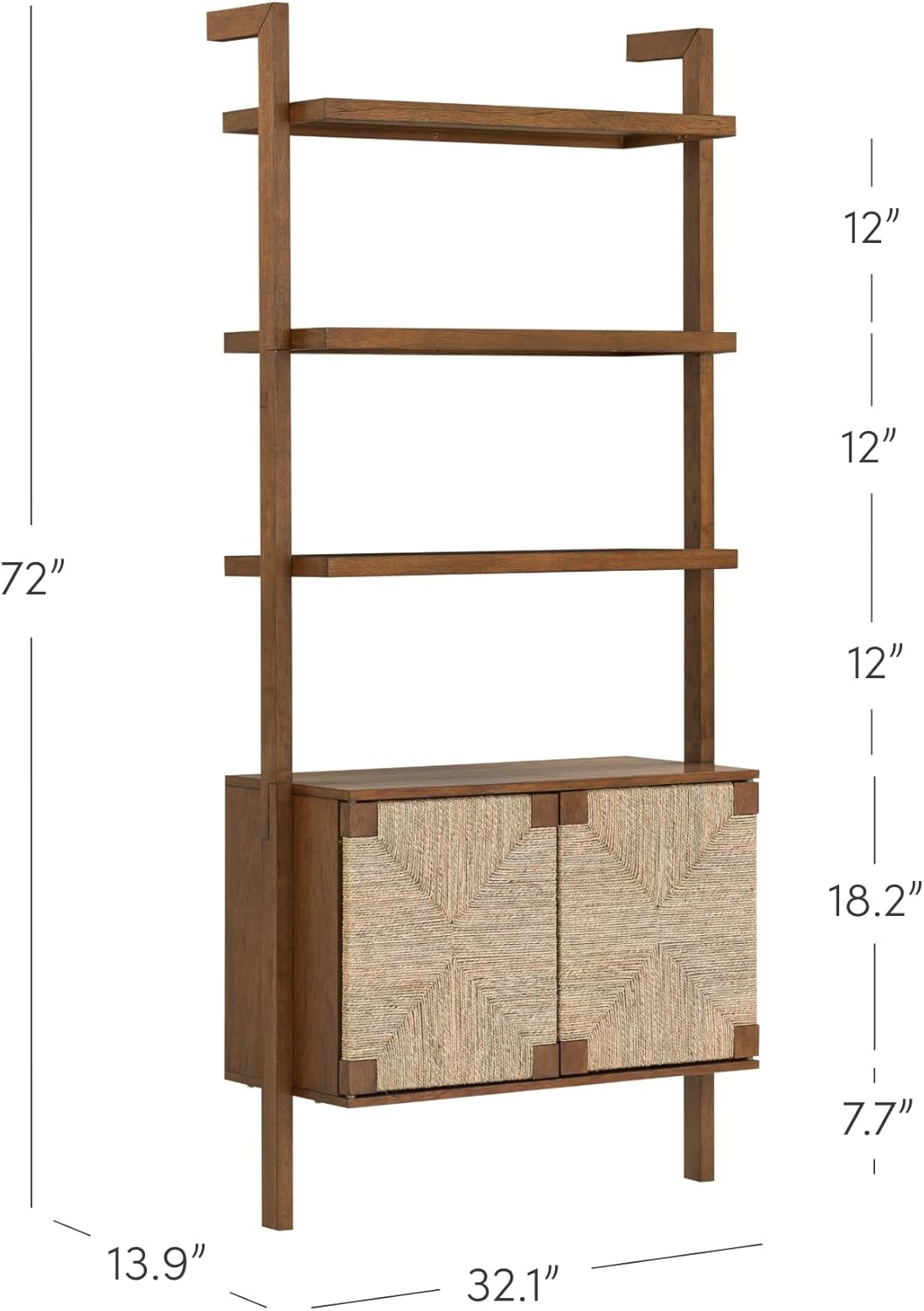 Nathan James Beacon 3-Shelf Bookcase with Seagrass Cabinet, Solid Wood Bookshelf with Storage with Solid Wood Frame, Seagrass/Dark Brown