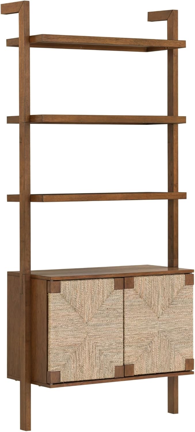 Nathan James Beacon 3-Shelf Bookcase with Seagrass Cabinet, Solid Wood Bookshelf with Storage with Solid Wood Frame, Seagrass/Dark Brown
