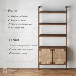 Nathan James Beacon 3-Shelf Bookcase with Seagrass Cabinet, Solid Wood Bookshelf with Storage with Solid Wood Frame, Seagrass/Dark Brown
