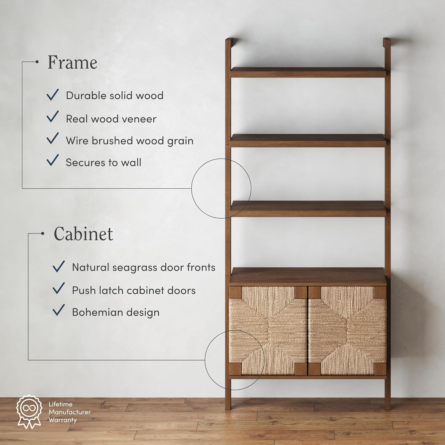 Nathan James Beacon 3-Shelf Bookcase with Seagrass Cabinet, Solid Wood Bookshelf with Storage with Solid Wood Frame, Seagrass/Dark Brown