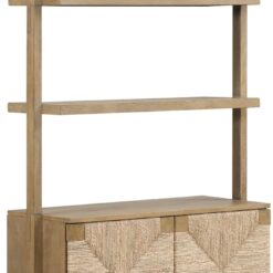 Nathan James Beacon 3-Shelf Solid Wood Bookshelf with Storage Cabinet, Bohemian Wall Mounted Shelf with Seagrass Door Fronts