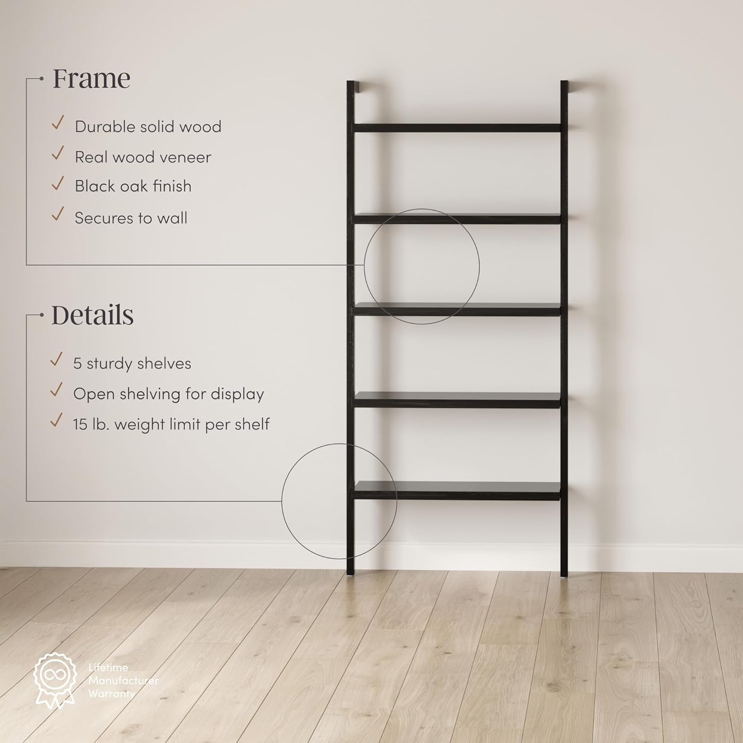 Nathan James Beacon Bohemian 5 Tier Bookshelf, Wall Mounted Bookcase, Solid Wood Bookshelf in Black Oak