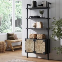 Nathan James Beacon 3-Shelf Bookcase with Seagrass Cabinet, Solid Wood Boho Bookshelf with Storage with Solid Wood Frame, Seagrass/Black