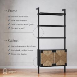 Nathan James Beacon 3-Shelf Bookcase with Seagrass Cabinet, Solid Wood Boho Bookshelf with Storage with Solid Wood Frame, Seagrass/Black