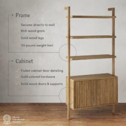 Nathan James Jasper 3-Shelf Solid Wood Boho Bookshelf, Wall Mounted Bookshelf with Cabinet with Fluted Doors, Light Brown