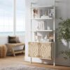 Nathan James Beacon 3-Shelf Bookcase with Seagrass Cabinet, Solid Wood Boho Bookshelf with Storage with Solid Wood Frame, Seagrass/Warm White