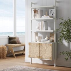 Nathan James Beacon 3-Shelf Bookcase with Seagrass Cabinet, Solid Wood Boho Bookshelf with Storage with Solid Wood Frame, Seagrass/Warm White