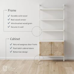 Nathan James Beacon 3-Shelf Bookcase with Seagrass Cabinet, Solid Wood Boho Bookshelf with Storage with Solid Wood Frame, Seagrass/Warm White