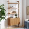 Nathan James Jasper 3-Shelf Solid Wood Boho Bookshelf, Wall Mounted Bookshelf with Cabinet with Fluted Doors, Natural Brown
