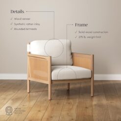Nathan James Hemming Upholstered Armchair, Solid Wood Accent Chair with Boucle Upholstery and Faux Rattan Arm Inlay, Cream/Raw Oak