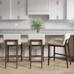 Nathan James Gracie Modern Counter Height Bar Stool with Back, Counter Stool Upholstered Chair with Natural Textured Linen and Brushed Wooden Legs, Cream Boucle/Dark Brown
